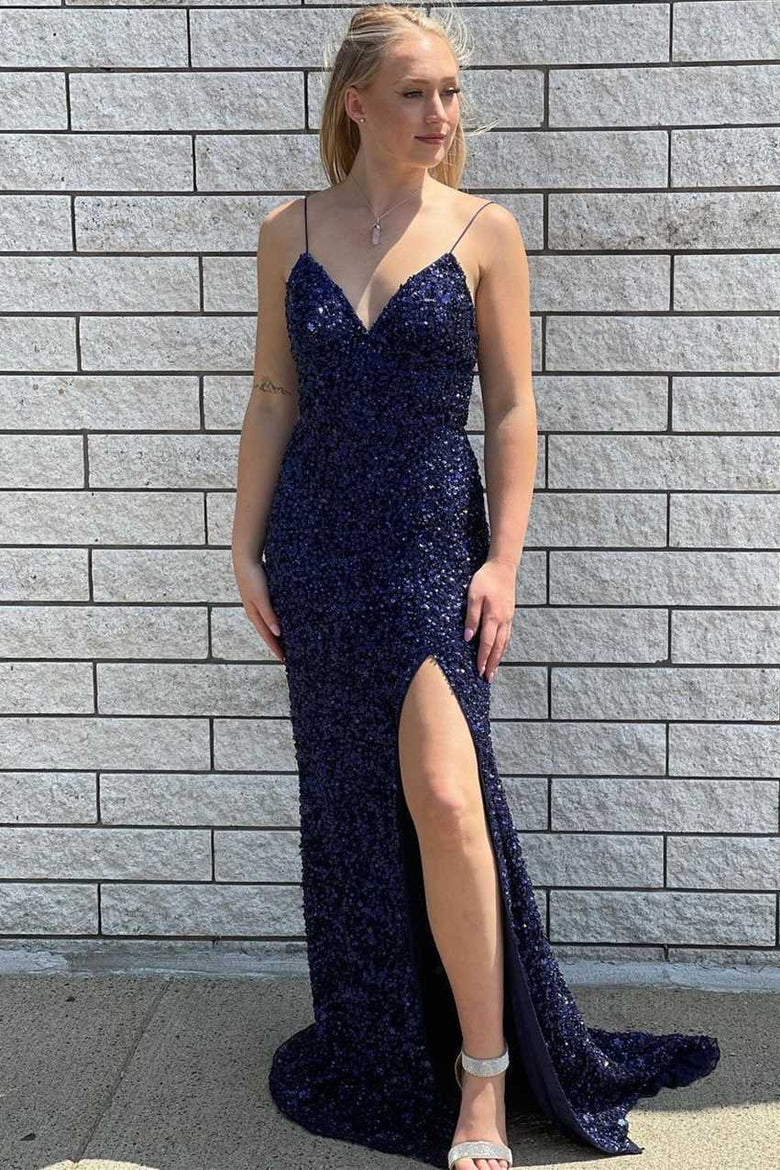 Navy Blue Sequins Mermaid Slit Long Prom Dress